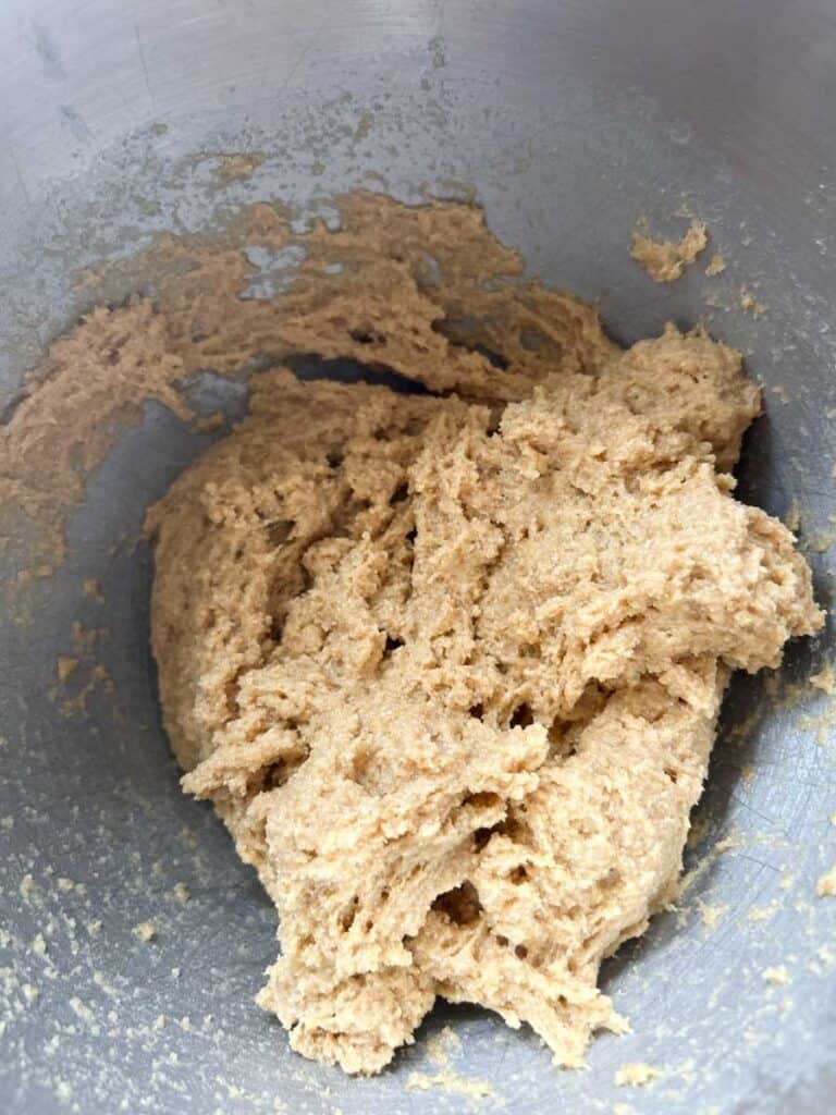 shaggy brioche dough with fresh milled flour waiting to be kneaded
