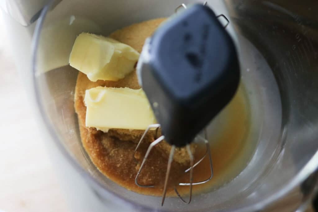 butter, oil, and sugar in a mixing bowl