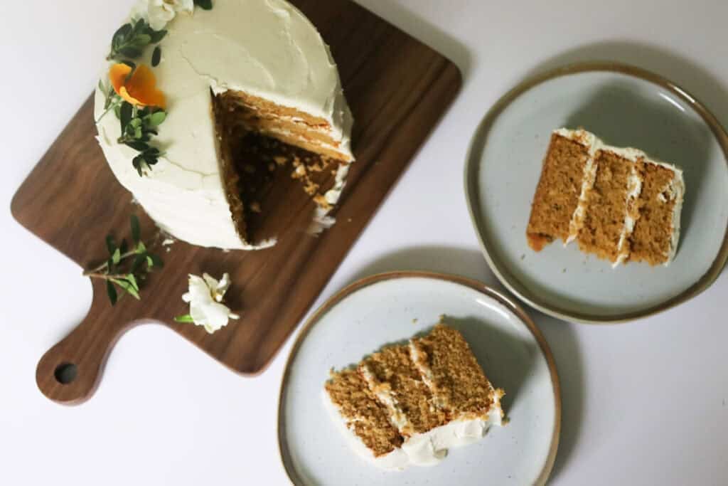 yellow cake with two slices on plates