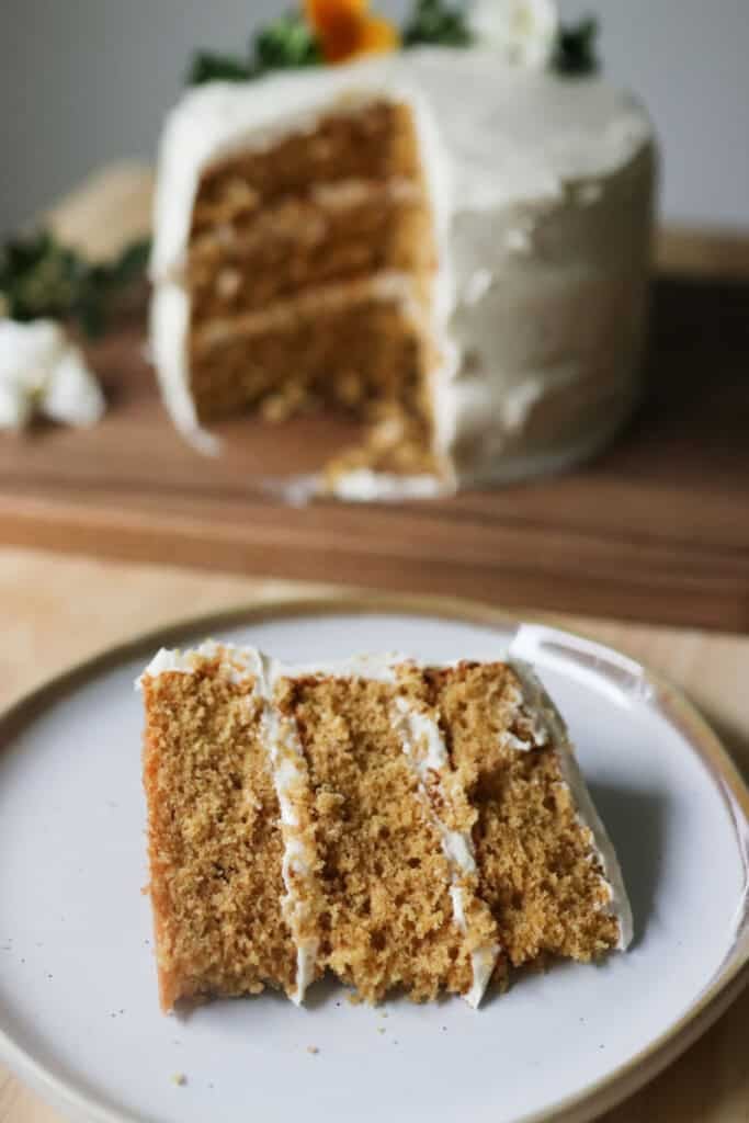 fresh milled classic yellow cake slice sitting on a plate