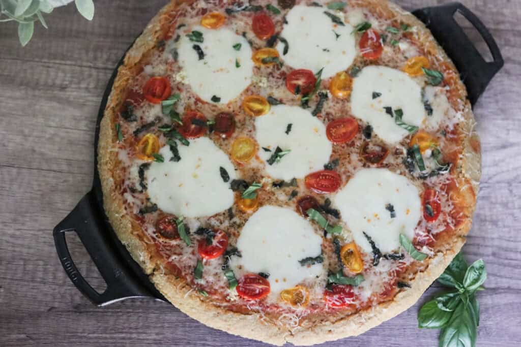 sourdough pizza on cast iron pan