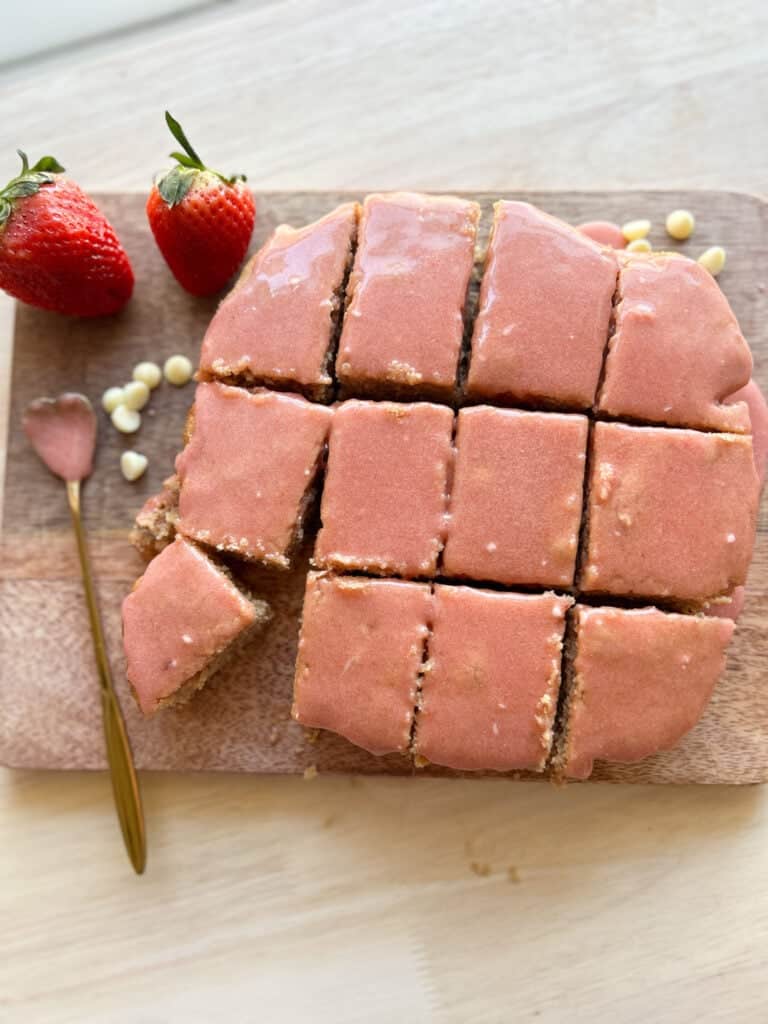 strawberry brownies on wooden tray