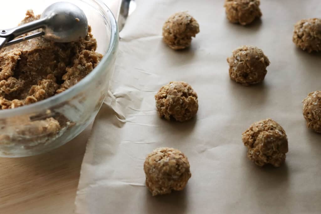 oatmeal cream pies scooped onto baking sheet