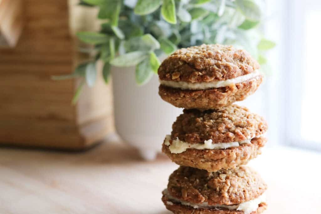 3 oatmeal cream pies stacked on top of each other