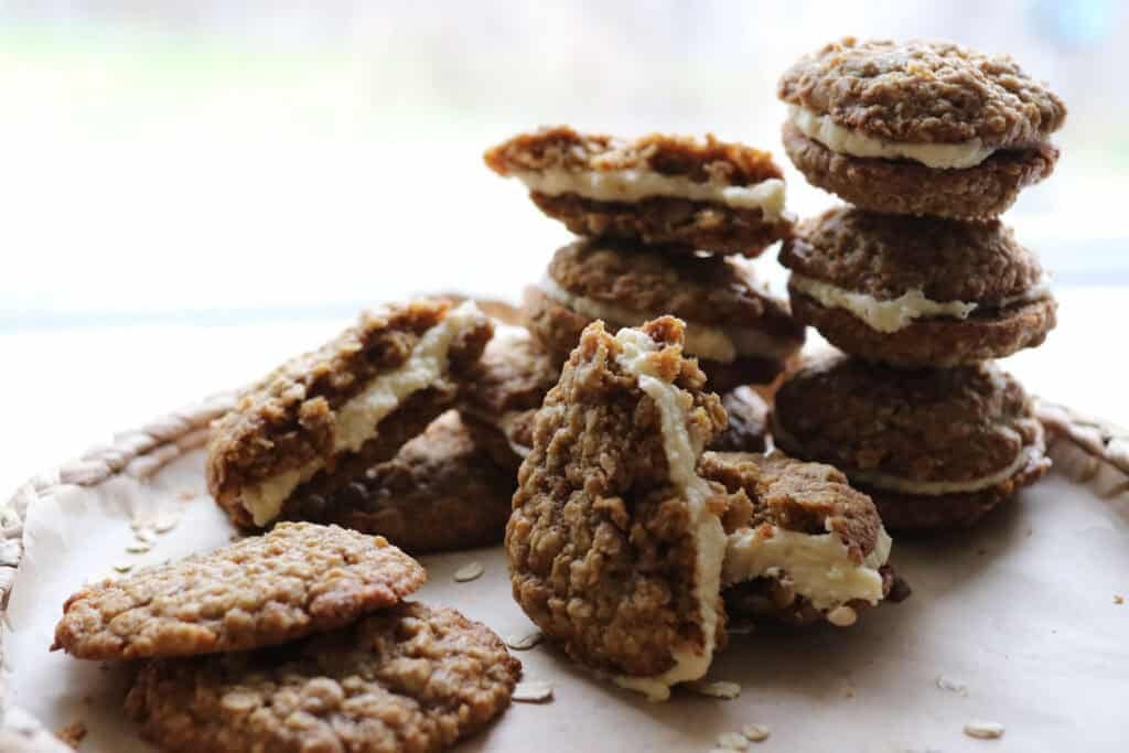 a bunch of oatmeal cream pies stacked up
