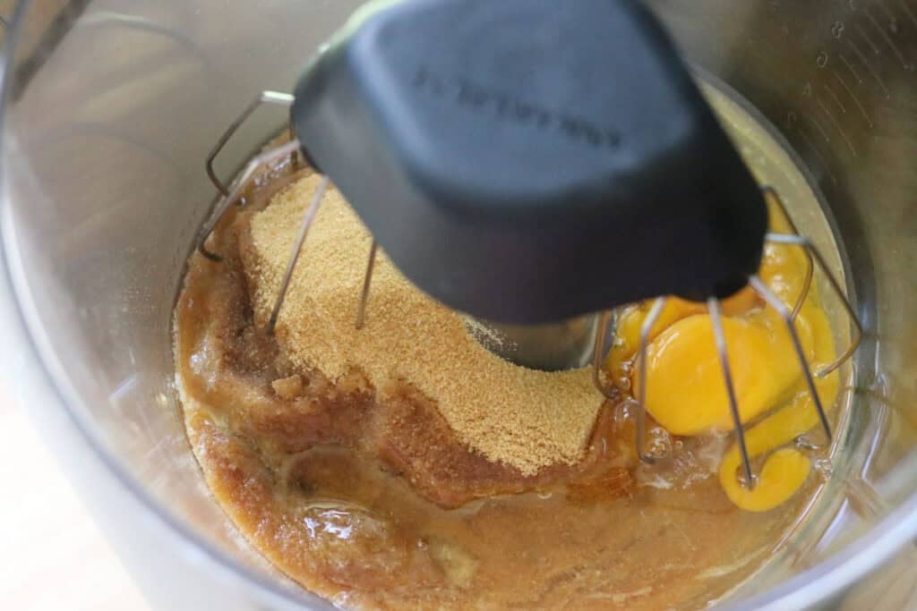 oil, sugar, and eggs in a mixing bowl for fresh milled hostess sheet cake