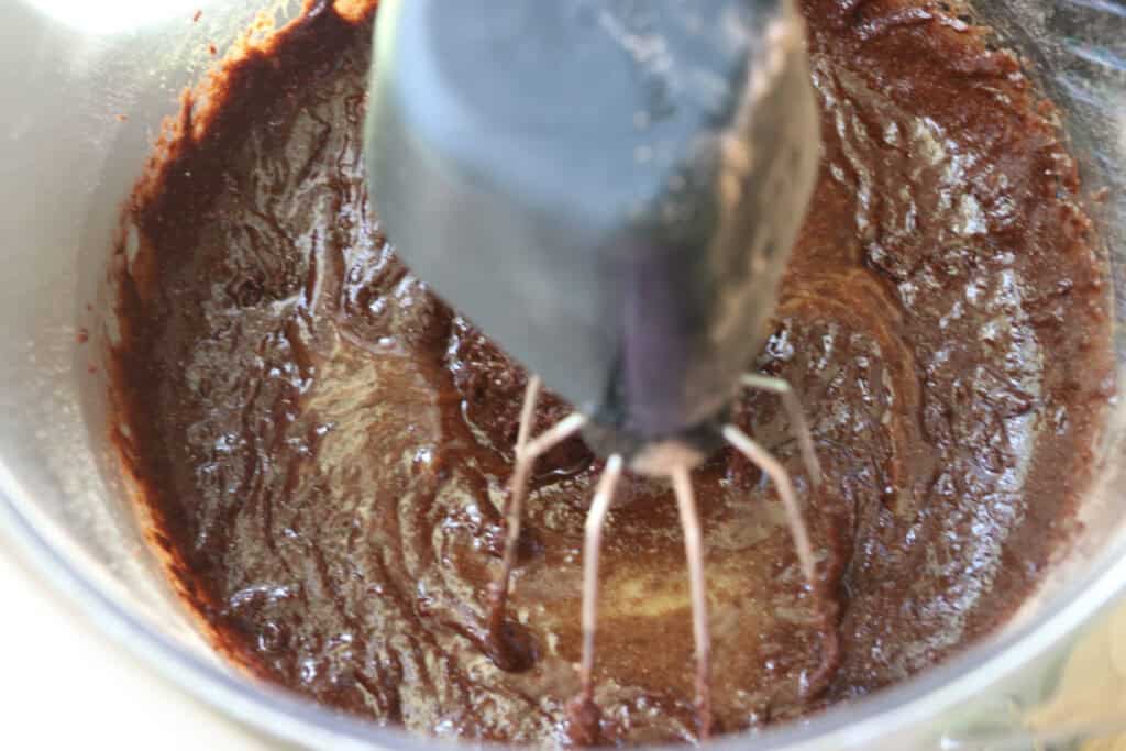 cake batter in a mixing bowl for fresh milled hostess sheet cake