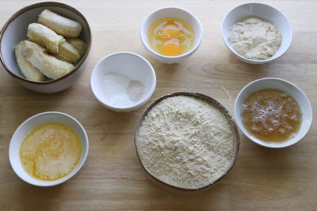 ingredients to make fresh milled sourdough banana crumble muffins