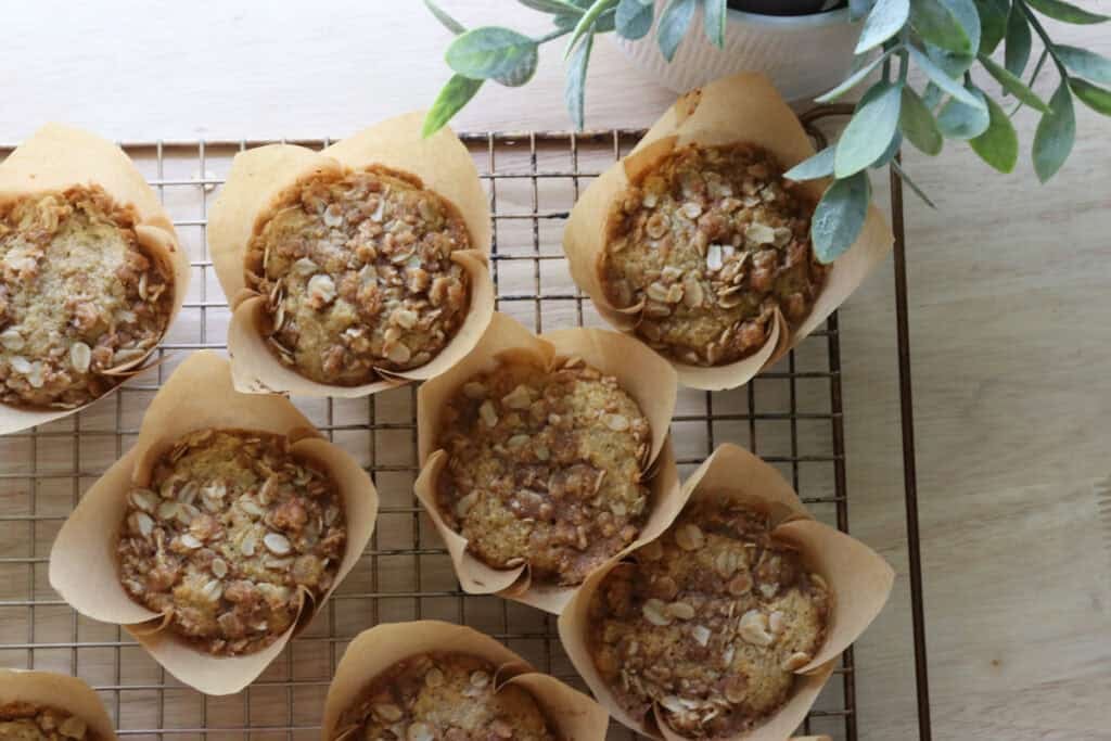 fresh milled sourdough banana crumble muffins on a wire rack