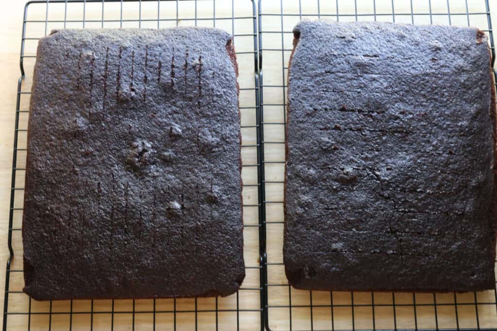 fresh milled hostess sheet cake cooling on a baking rack