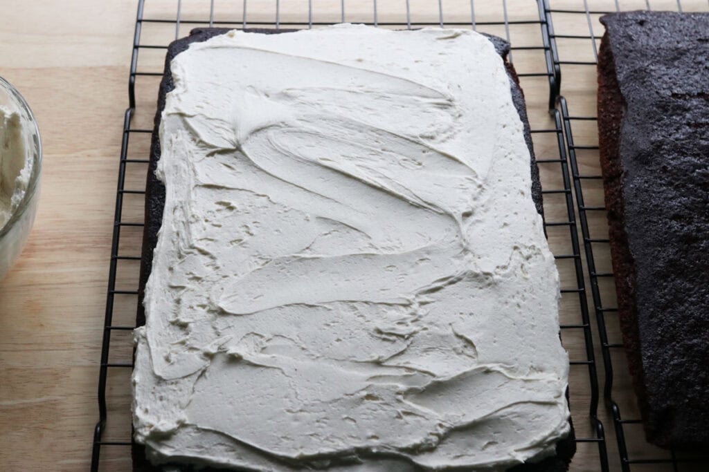 filling that has been spread onto fresh milled hostess sheet cake