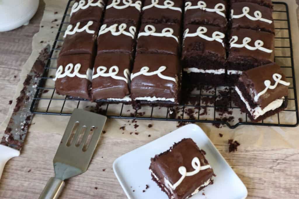Hostess sheet cake with fresh milled flour on a wire rack