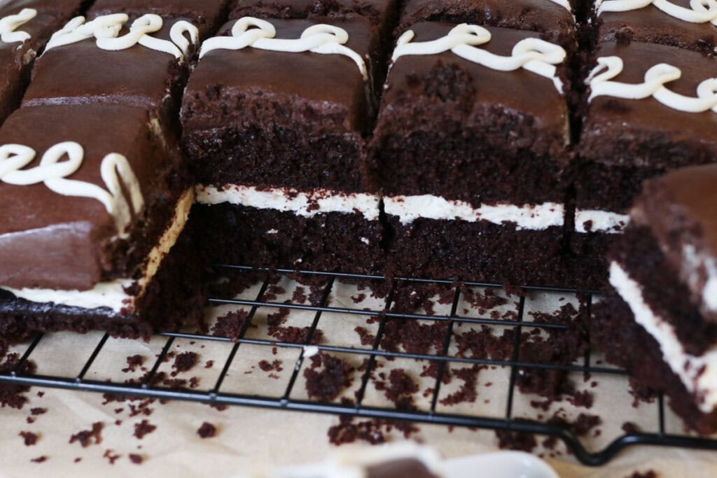 hostess sheet cake with fresh milled flour that has been cut into squares
