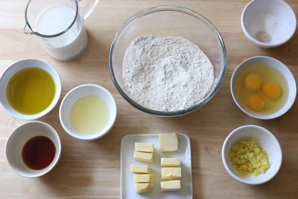 the ingredients for freshly milled lemon chantilly cake