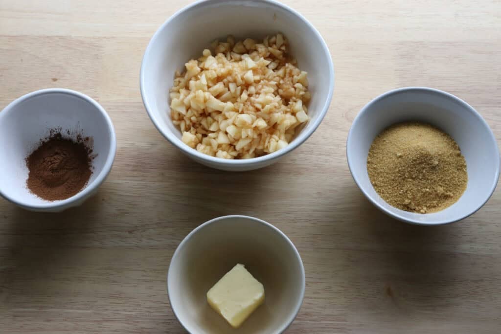 diced apples, sugar, and cinnamon for fresh milled twisted apple cinnamon loaf