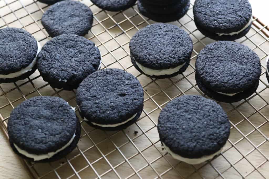 delicious homemade fresh milled homemade oreo sandwiches on a baking rack