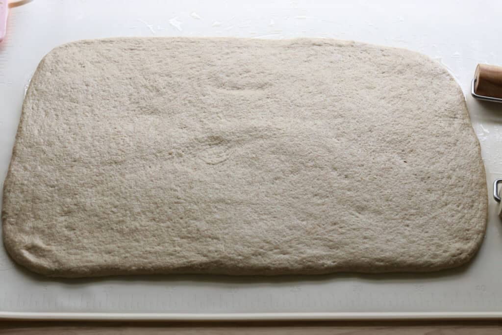 dough that has been rolled into a rectangle to make fresh milled twisted apple cinnamon loaf