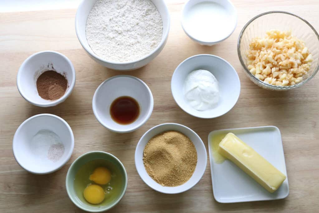 ingredients to make freshly milled apple cinnamon streusel muffins