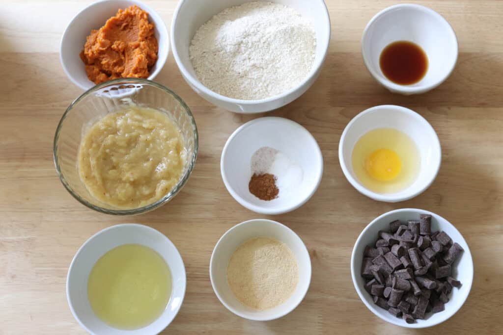 ingredients for fresh milled pumpkin chocolate chip banana bread