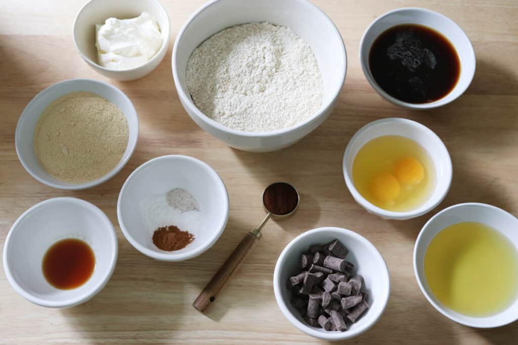 the ingredients to make freshly milled chocolate chip cappuccino muffins