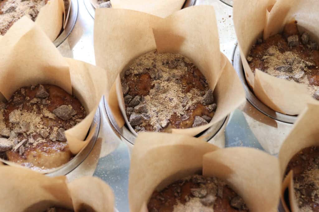 freshly milled chocolate chip cappuccino muffin batter with cinnamon chip topping