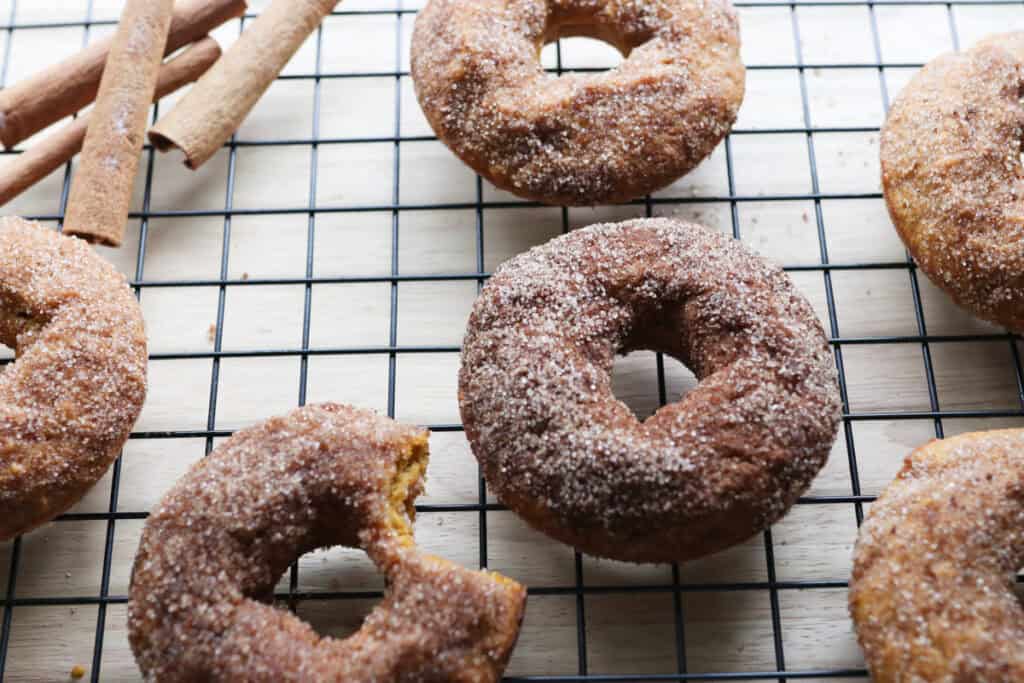 a fresh milled cinnamon sugar pumpkin cake donut with a bite taken out of it