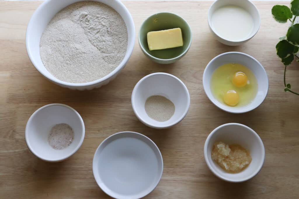 ingredients for freshly milled fluffy brioche burger buns