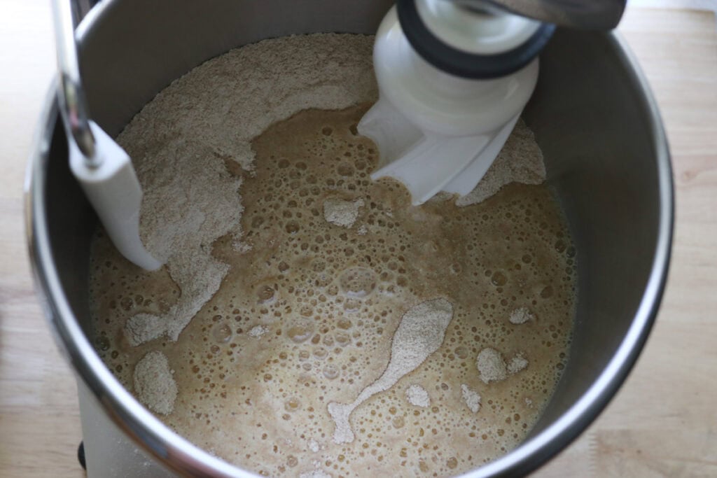 milk and butter added to flour to make freshly milled brioche burger buns