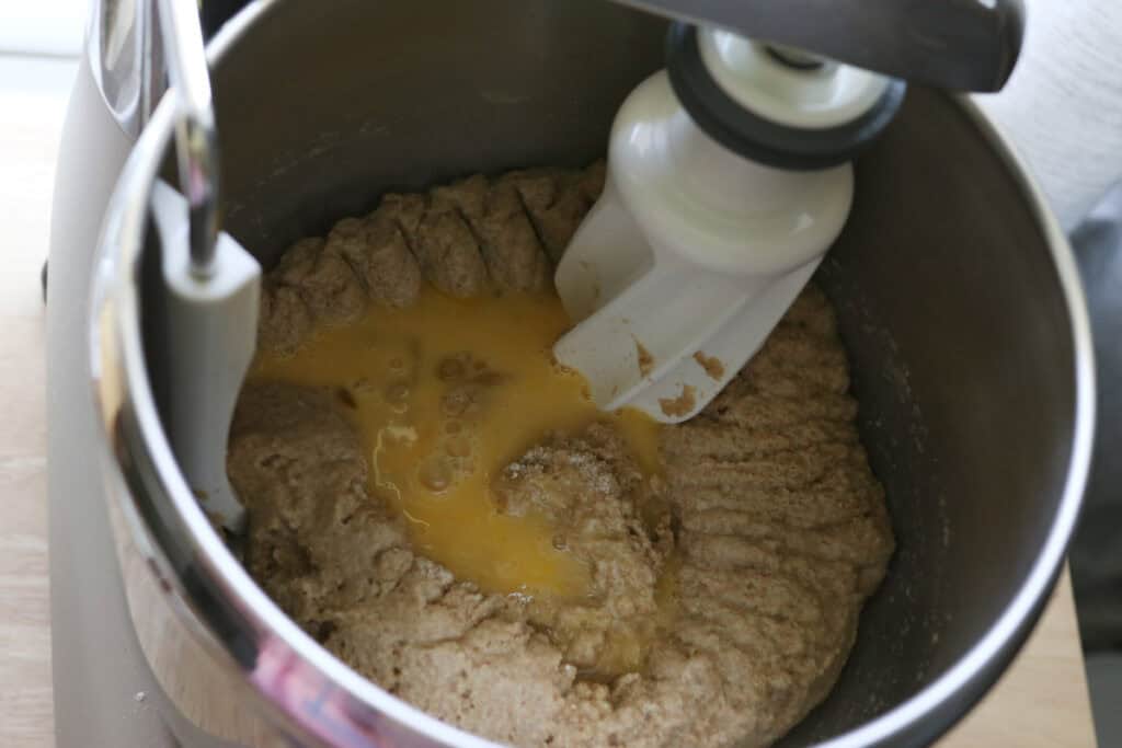 eggs added to fluffy brioche burger buns with fresh milled flour