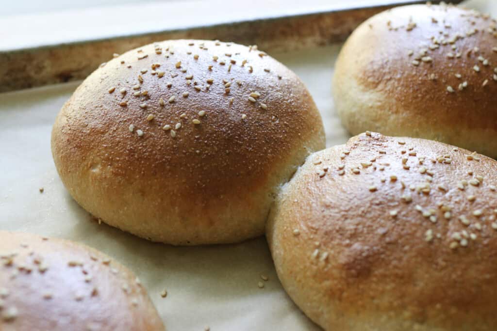 freshly milled brioche burger buns topped with sesame seeds on a baking sheet with parchment