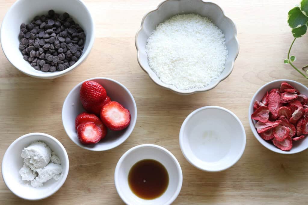 ingredients for chocolate covered strawberries & cream coconut bars