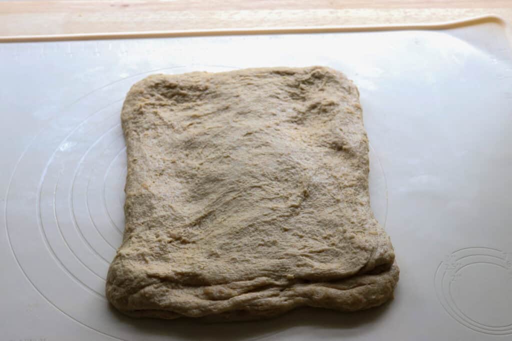 freshly milled sourdough that has been stretched out into a rectangle
