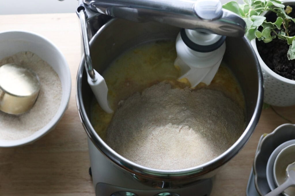 flour added to the dough in a mixing bowl to make fresh milled turkey dinner rolls