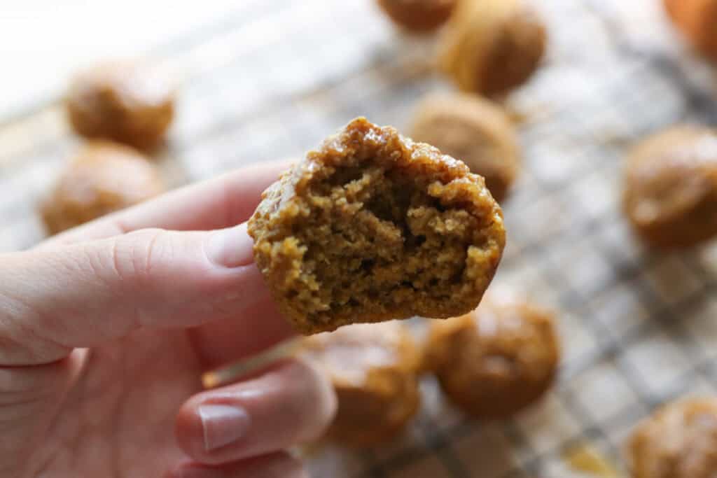 a Baked Pumpkin Donut Hole with Freshly Milled Flour being held with more donut holes in the background
