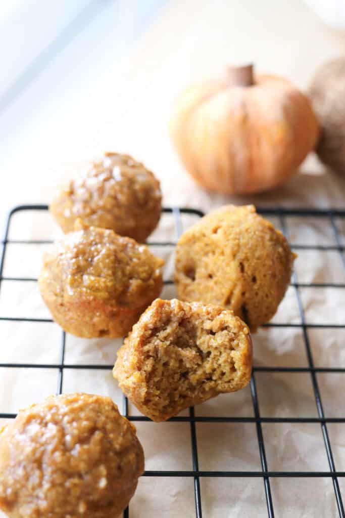 freshly milled baked pumpkin donut holes that have glaze on top and a mini pumpkin behind them