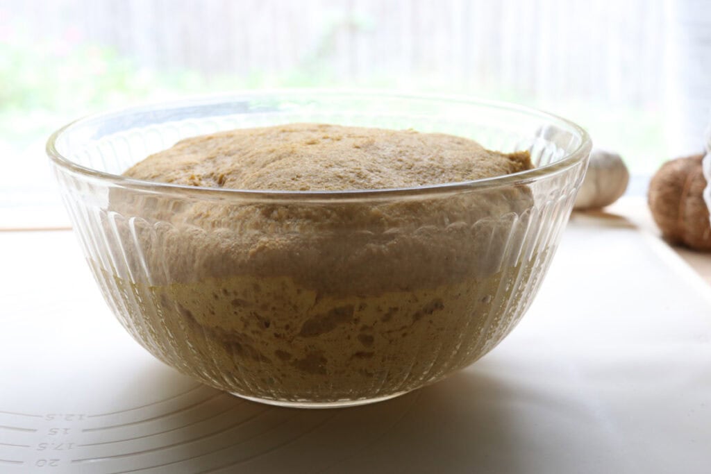 fresh milled pumpkin monkey bread that has risen in a glass bowl