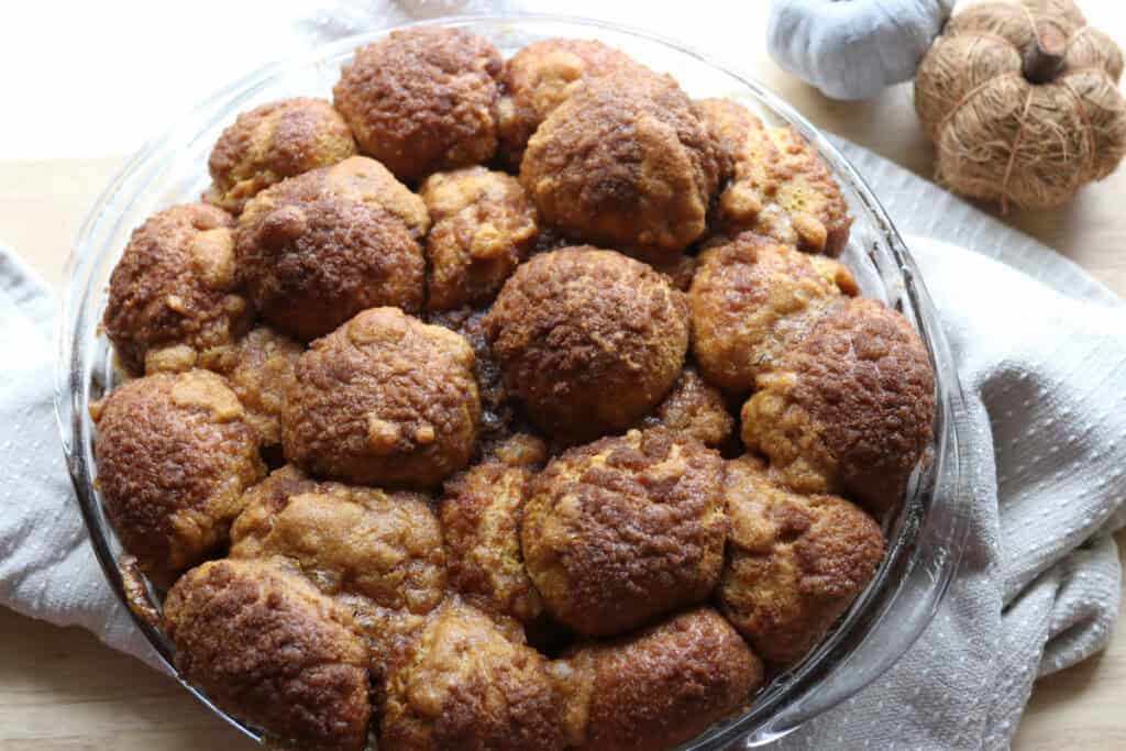 fresh milled pumpkin monkey bread that has been baked and covered in cinnamon and sugar