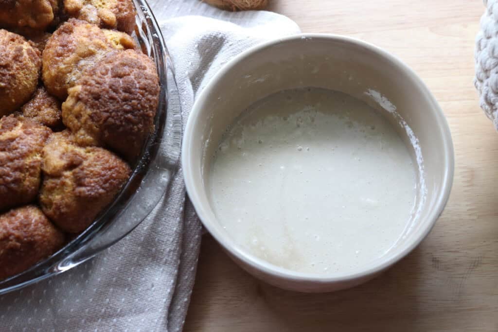powdered sugar glaze to pour on top of the fresh milled pumpkin monkey bread 