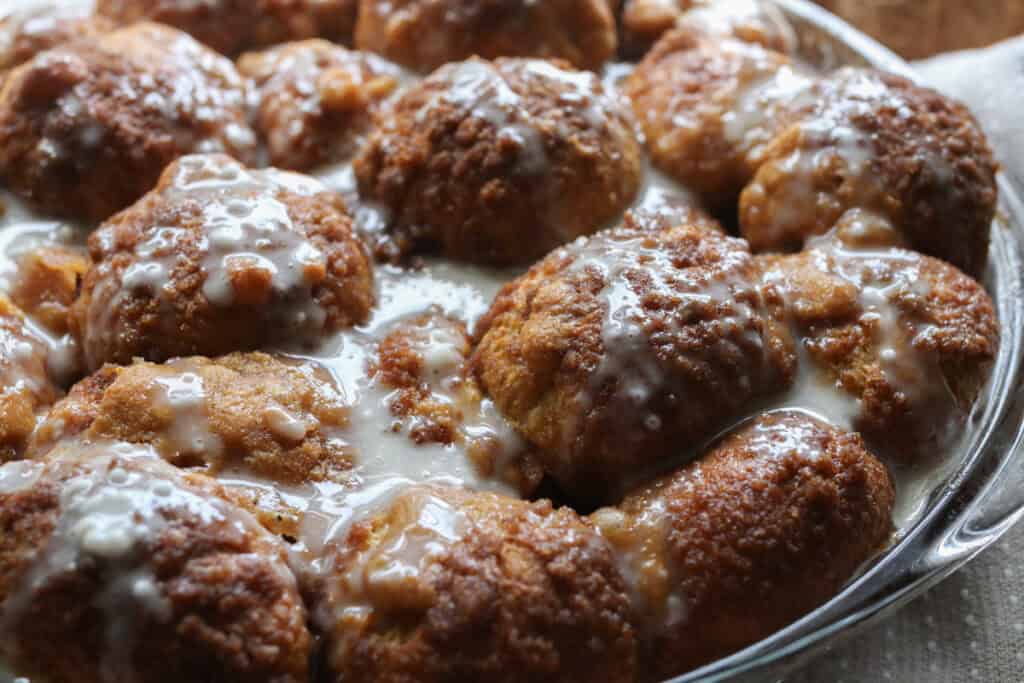 fresh milled pumpkin monkey bread with sweet glaze on top