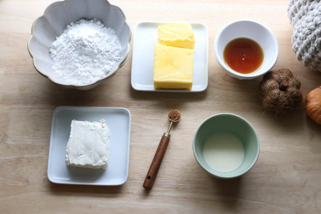 ingredients to make the frosting for pumpkin cheesecake bars with fresh milled crust