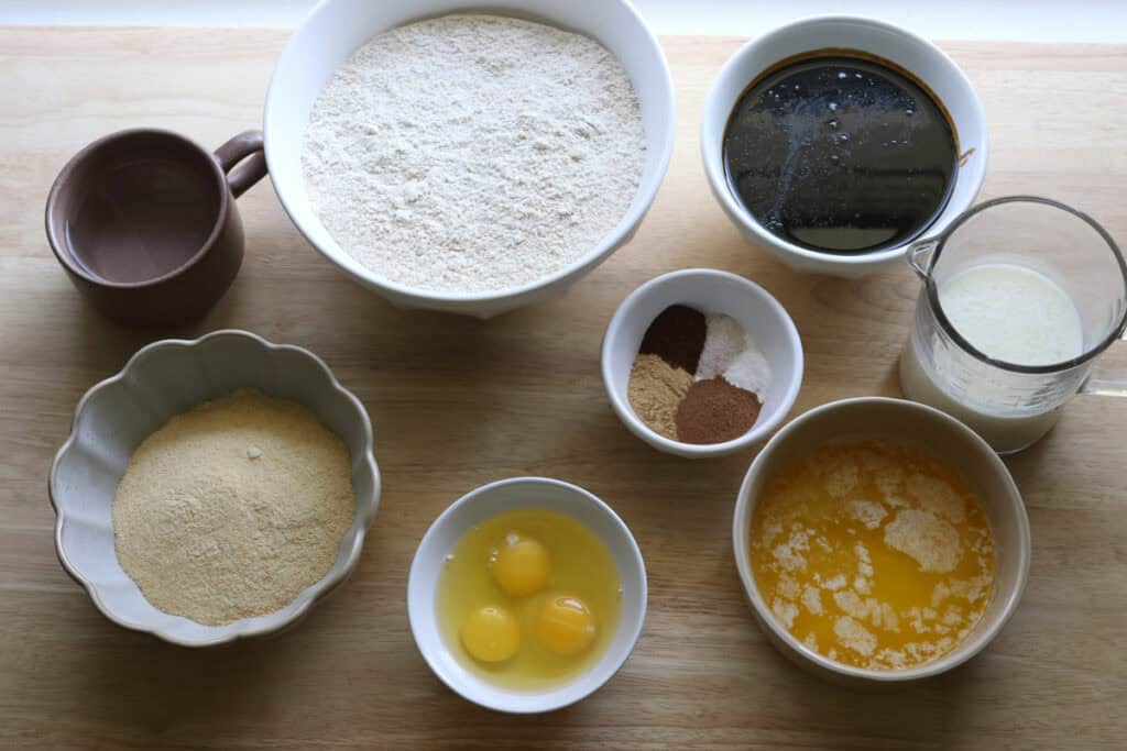 ingredients to make fresh milled gingerbread cake with cream cheese icing