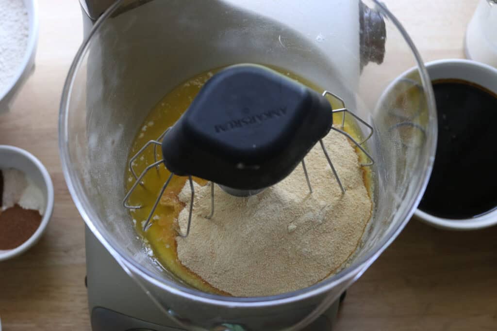 sugar and butter in a bowl to make fresh milled gingerbread cake with cream cheese icing