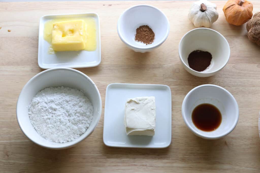 ingredients to make spiced espresso cream cheese frosting for the freshly milled pumpkin spice latte cake