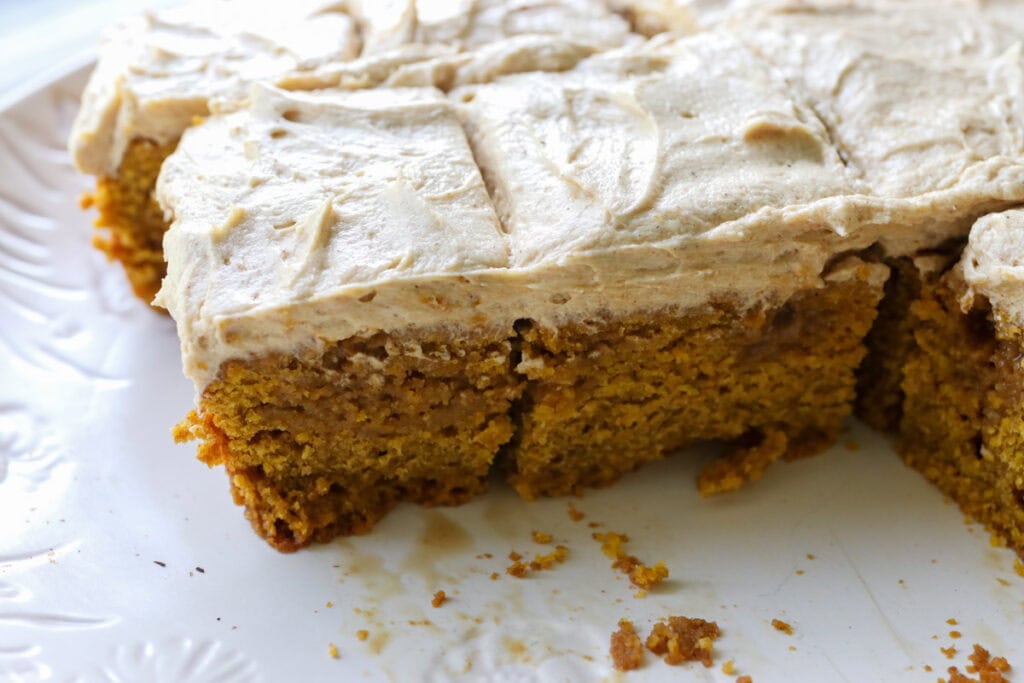 Freshly Milled Pumpkin Spice Latte Cake with Frosting and a latte soak that has been cut