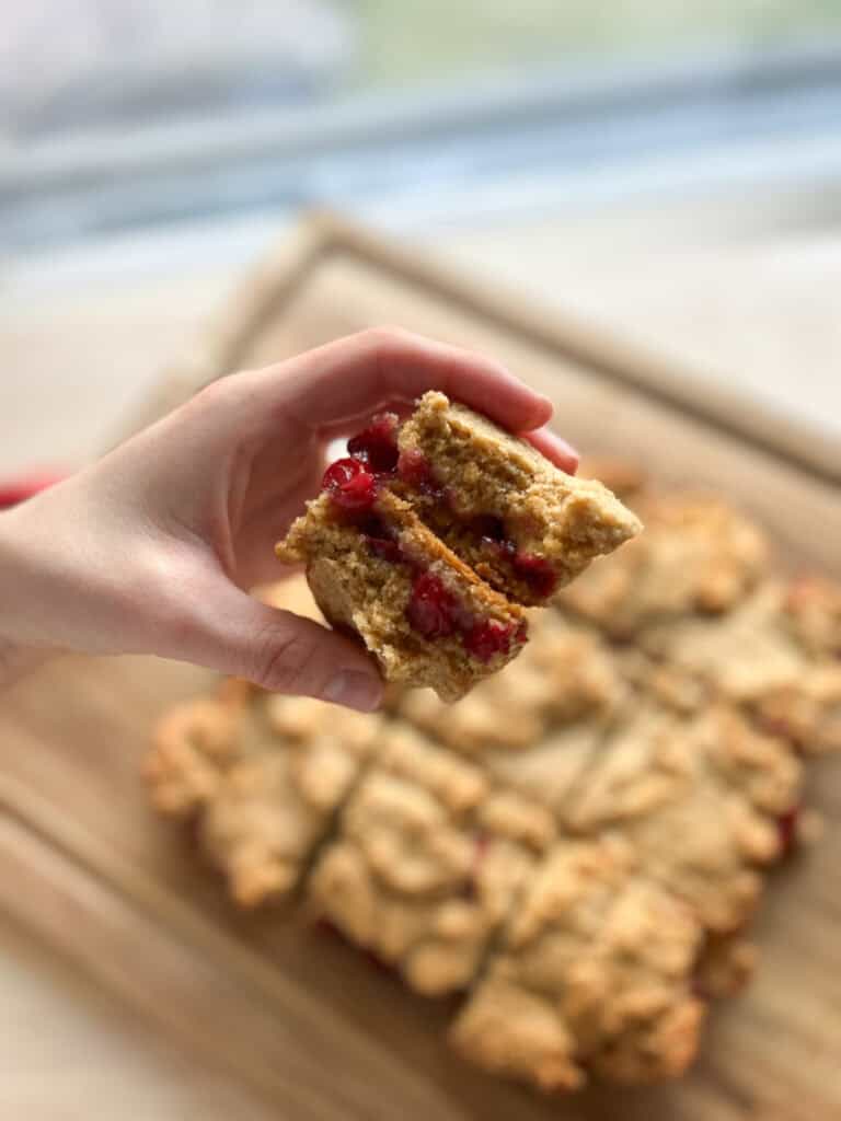 someone holding Fresh Milled Cranberry Crumble Bars with gooey cranberry filling