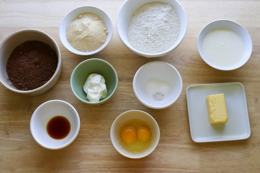 ingredients to make Fresh Milled Hot Cocoa Cupcakes with Ganache Filling