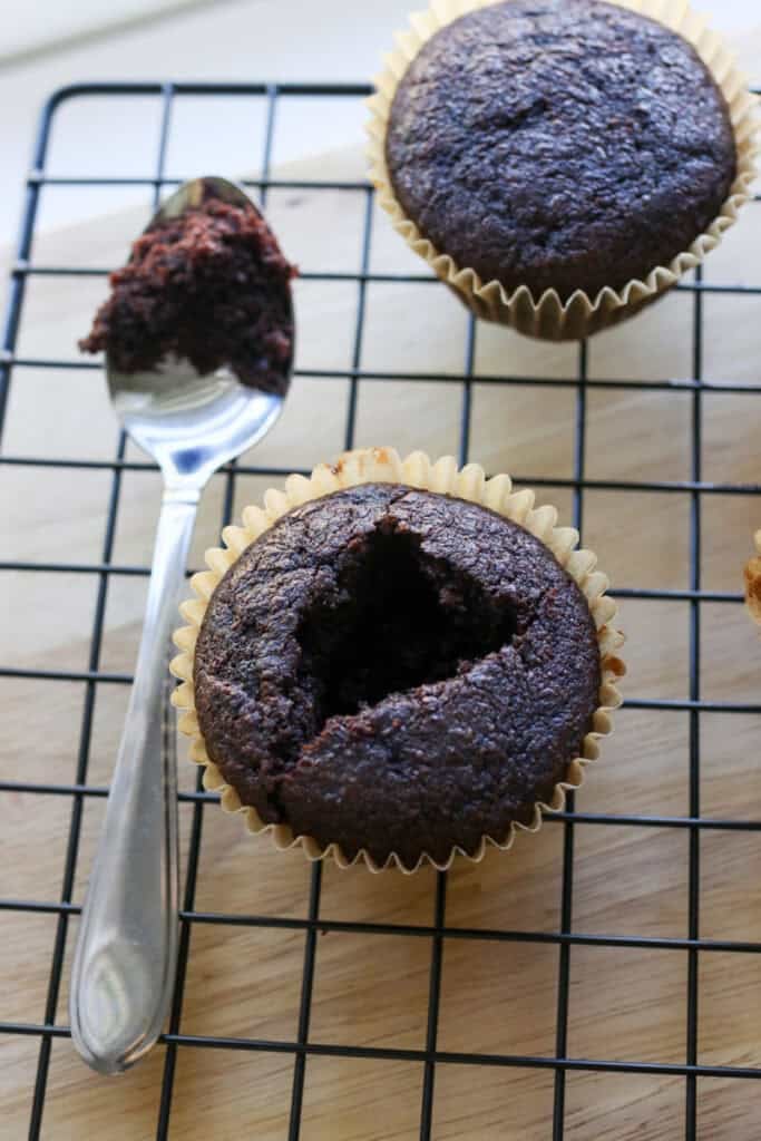 Fresh Milled Hot Cocoa Cupcakes that have been cored
