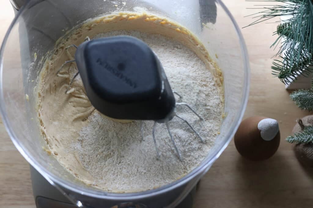 flour added to a mixing bowl to make Freshly Milled White Chocolate Peppermint Cupcakes