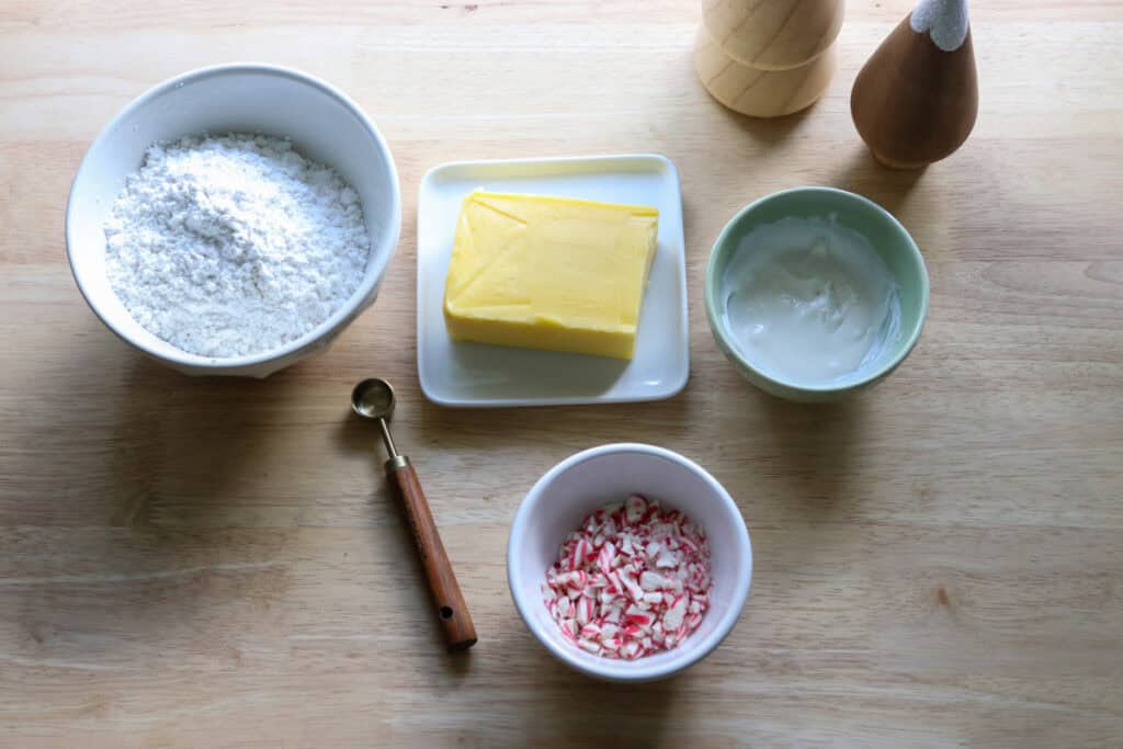 ingredients to make white chocolate peppermint buttercream for fresh milled cupcakes