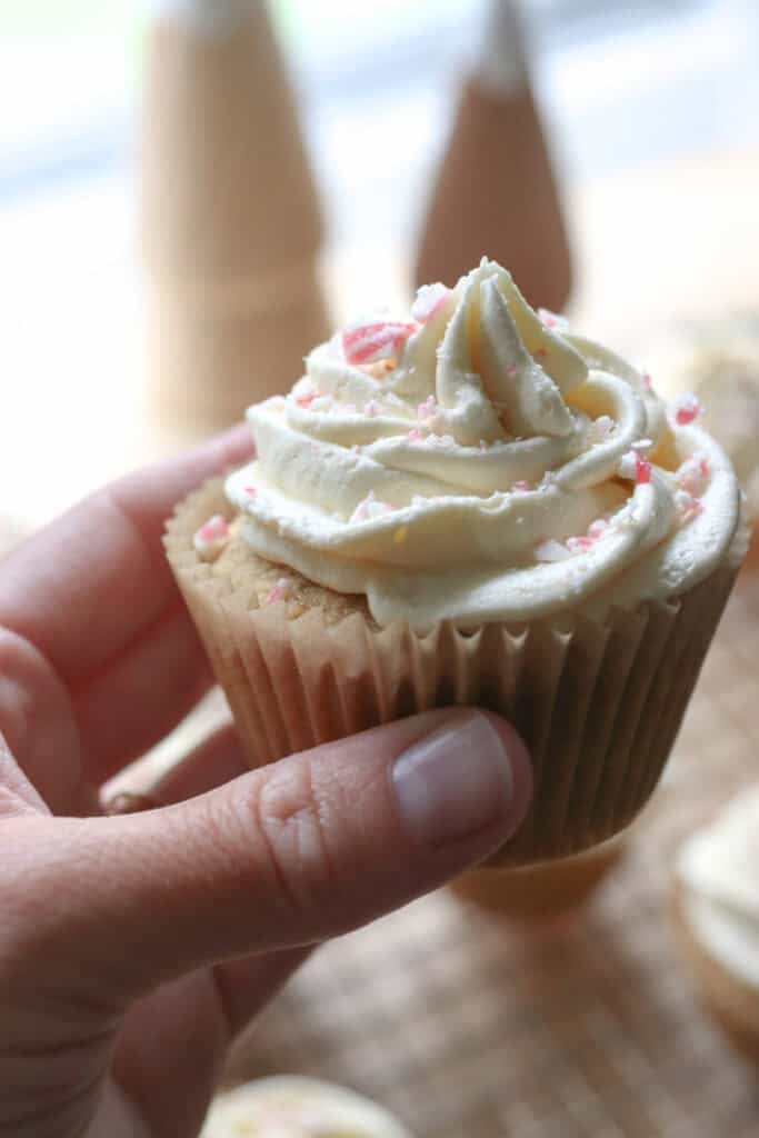 someone holding a Freshly Milled White Chocolate Peppermint Cupcake with treese behind it